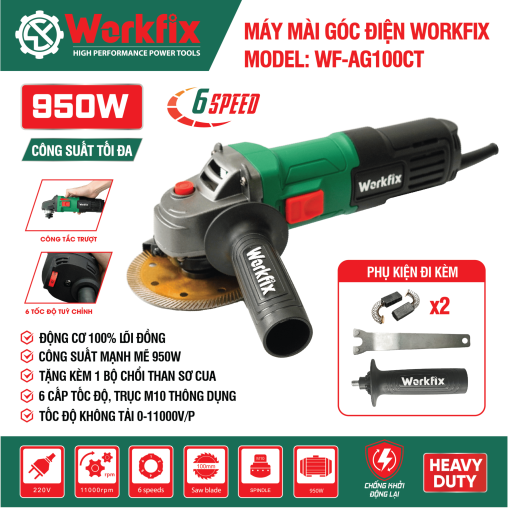 Máy mài điện cầm tay WORKFIX WF-AG100CT, Công tắc cạnh 950W, 6 Tốc độ, Chống khởi động lại - Hình ảnh 4