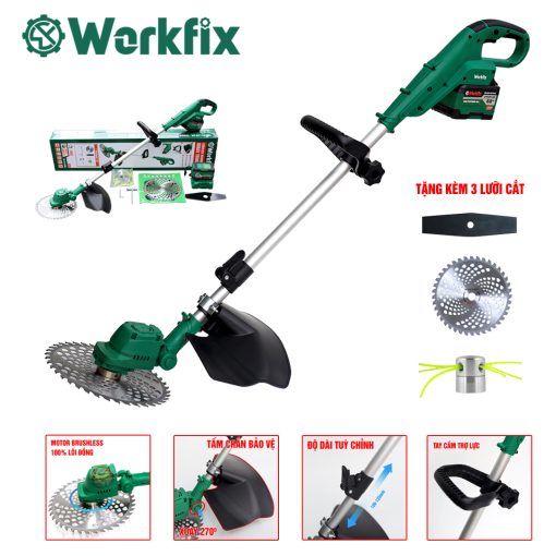 Máy cắt cỏ cầm tay chạy pin 1800w WORKFIX WF-GT1323BL, hàng chính hãng, Động cơ Không Chổi Than, 100% lõi đồng