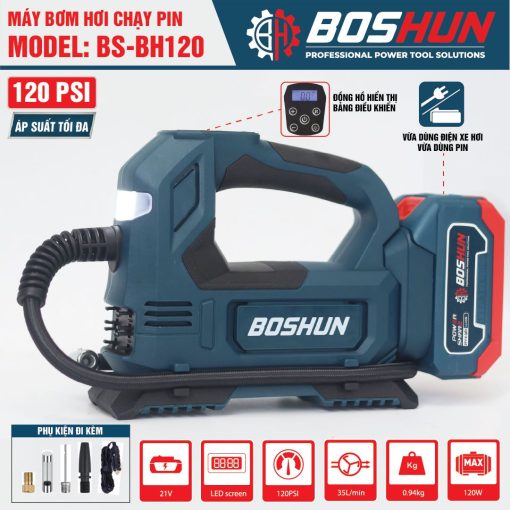 Máy Bơm hơi pin BOSHUN BS-BH120, CS 120W, Áp suất 120 psi, Màn hình led, Vừa dùng điện vừa dùng pin - Hình ảnh 6