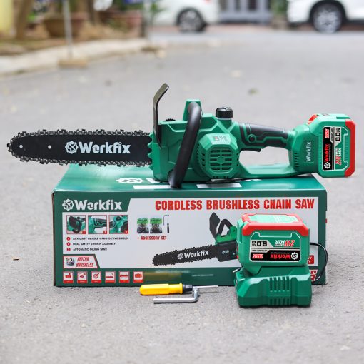 Máy cưa xích mini cầm tay chạy PIN điện 800w WORKFIX WF-CS12BL, hàng chính hãng, Không Chổi Than