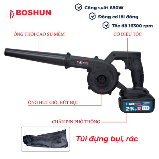 Máy Thổi, Hút Bụi Boshun Đen Công Suất 680W, Chân Pin Phổ Thông, Tốc Độ Gió Cực Mạnh, Bào Hành 12 Tháng - Hình ảnh 4