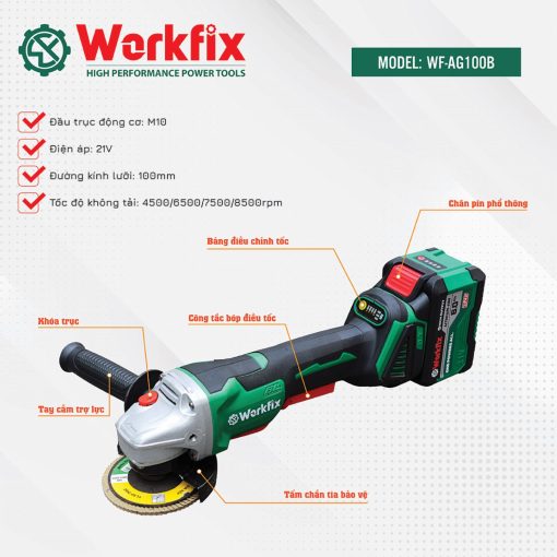 Máy Cắt Mài PIN cầm tay Workfix WF-AG100B chính hãng, Không Chổi Than, 100% Lõi Đồng, 2 PIN - Hình ảnh 4