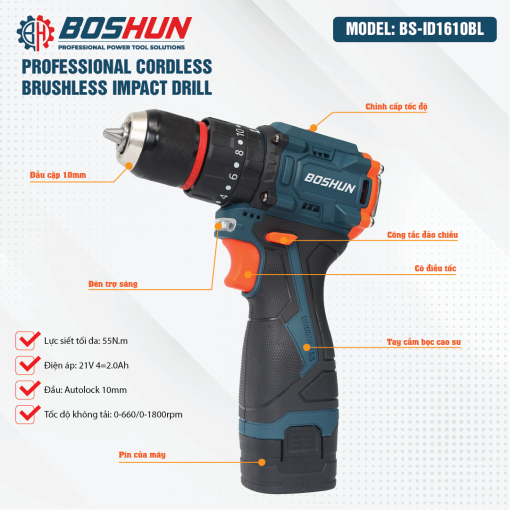 Máy Khoan Pin Boshun BS-ID1610BL 10mm, 55Nm - Hình ảnh 3