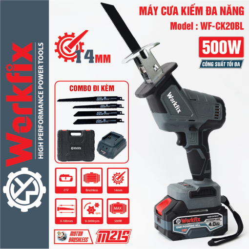 Máy Cưa Kiếm Dùng Pin Workfix WF-CK20BL – 500W, Không Chổi Than, Pin 21V 4.0Ah, Tặng Bộ 4 Lưỡi Thép Cao Cấp - Hình ảnh 4