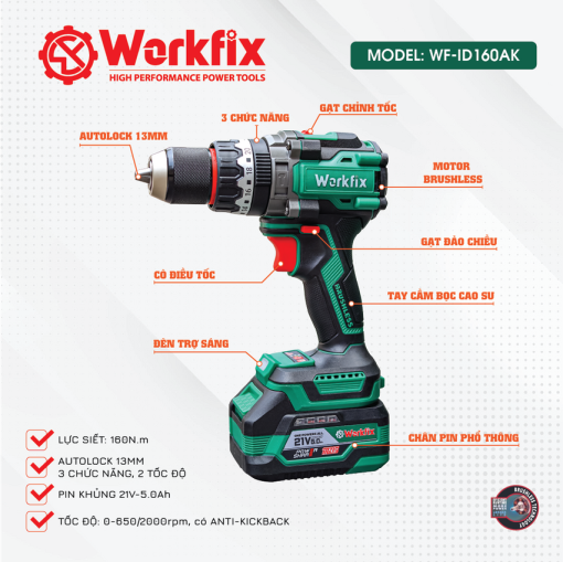 Máy Khoan Pin cầm Tay 13mm, 160Nm WORKFIX WF-ID160AK - Hình ảnh 2
