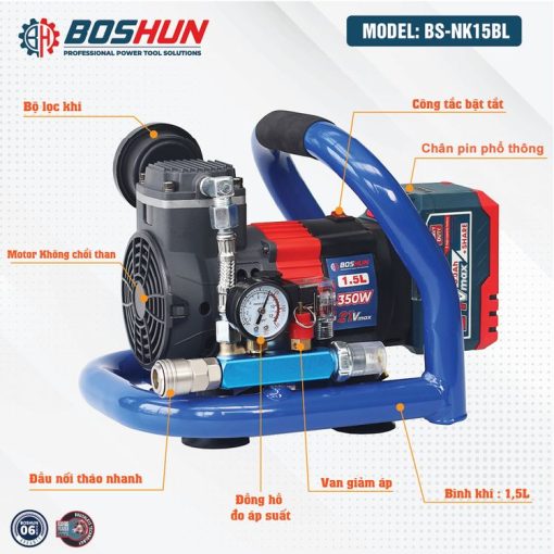 Máy Nén Khí Pin Boshun BS-NK15BL – Dung Tích 1,5L – Chân Pin Phổ Thông M21 – Bảo Hành 12 Tháng - Hình ảnh 3