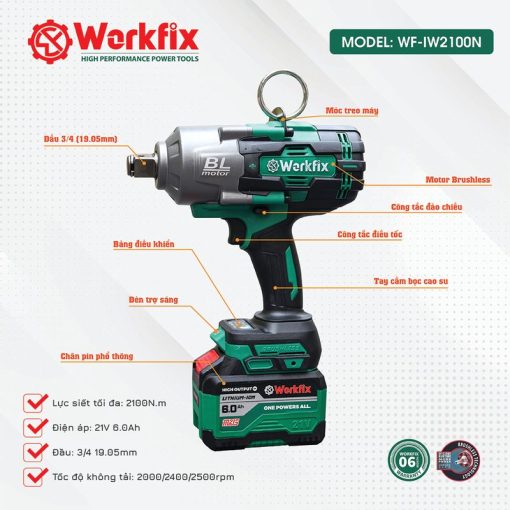 Máy Bắn, Siết Bulong PIN 2100Nm WORFIX WF-IW2100N chính hãng, AutoStop, Không Chổi Than, 100% lõi đồng - Hình ảnh 5