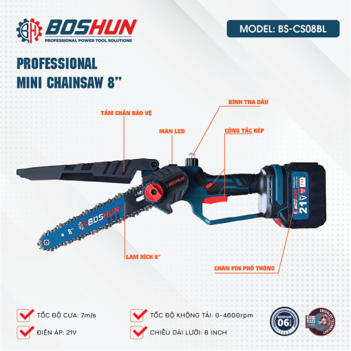 Máy cưa xích mini cầm tay chạy PIN điện 8ich Boshun BS-CS08BL, hàng chính hãng, Không Chổi Than, 100% Lõi Đồng. - Hình ảnh 4