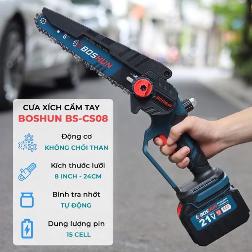 Máy cưa xích mini cầm tay chạy PIN điện 8ich Boshun BS-CS08BL, hàng chính hãng, Không Chổi Than, 100% Lõi Đồng.