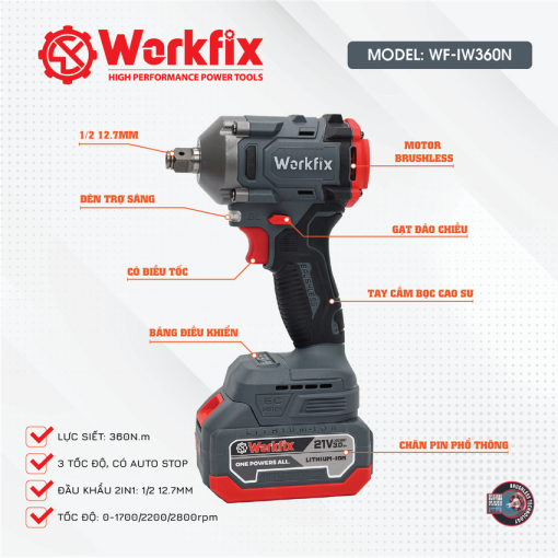 Máy Siết bulong PIN 360Nm WORKFIX WF-IW360N chính hãng, đầu 2 trong 1, 100% lõi đồng - Hình ảnh 5