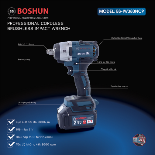 MÁY SIẾT BULONG DÙNG PIN BOSHUN BS-IW380NCP – KHÔNG CHỔI THAN – AUTO STOP – TẶNG ĐẦU BULONG 22mm - Hình ảnh 4
