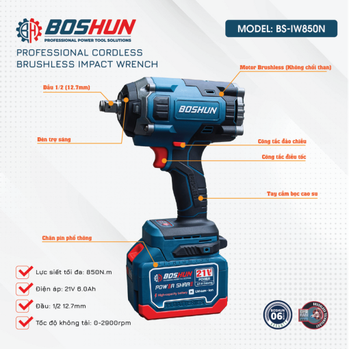 Máy Siết Bulong BOSHUN BS-IW850N Lực siết 850N.m – Mở Ốc Ô Tô Tải Dễ Dàng – Bảo Hành Chính Hãng 12 Tháng - Hình ảnh 4