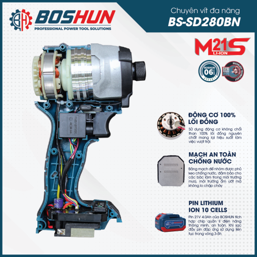 Máy Chuyên Vít PIN 280Nm BOSHUN BS-SD280BN, hàng chính hãng, 100% lõi đồng, không chổi than - Hình ảnh 6