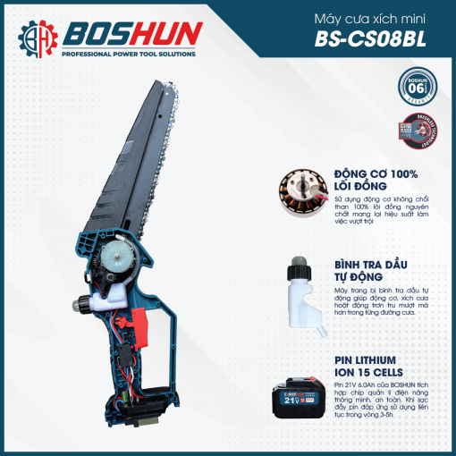 Máy cưa xích mini cầm tay chạy PIN điện 8ich Boshun BS-CS08BL, hàng chính hãng, Không Chổi Than, 100% Lõi Đồng. - Hình ảnh 6