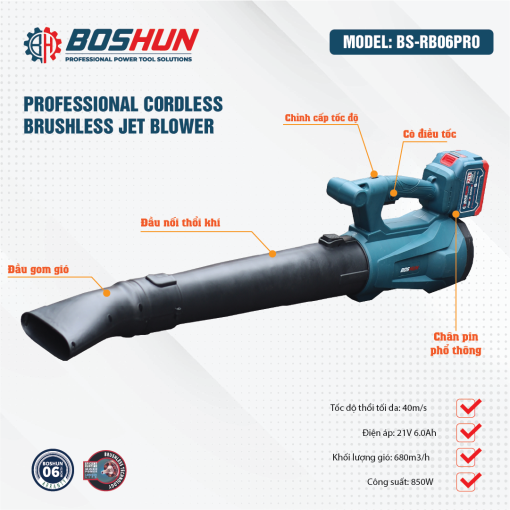 Máy Thổi Bụi, Thổi Lá Dùng Pin BOSHUN BS-RB06PRO Công Suất Lớn 850W, Chỉnh 6 Cấp Tốc Độ, 12 Cánh Quạt - Hình ảnh 2