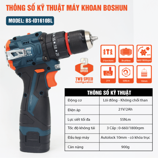 Máy Khoan Pin Boshun BS-ID1610BL 10mm, 55Nm - Hình ảnh 2