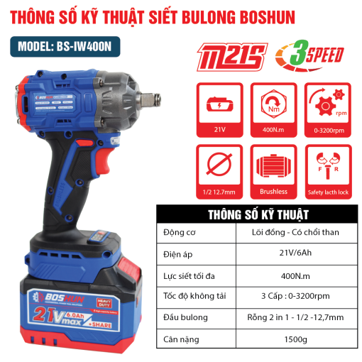 Máy Bắn, siết Bulong PIN 400Nm BOSHUN BS-IW400N chính hãng, Không Chổi Than, 2 in 1, 100% lõi đồng - Hình ảnh 2