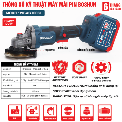 Máy Cắt Mài PIN cầm tay Boshun BS-AG100BL chính hãng, Không Chổi Than,100% Lõi Đồng, 2 Pin - Hình ảnh 3
