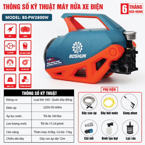 Máy rửa xe cao áp mini gia đình 2800w BOSHUN BS-PW2800W, hàng chính hãng, tặng Dây Cao Áp 12m, 100% lõi đồng - Hình ảnh 7