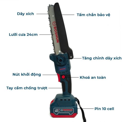 Máy cưa xích mini cầm tay chạy PIN 1800w BOSHUN BS-CS08, hàng chính hãng, Có Tra Nhớt, Có Màn LED. - Hình ảnh 4