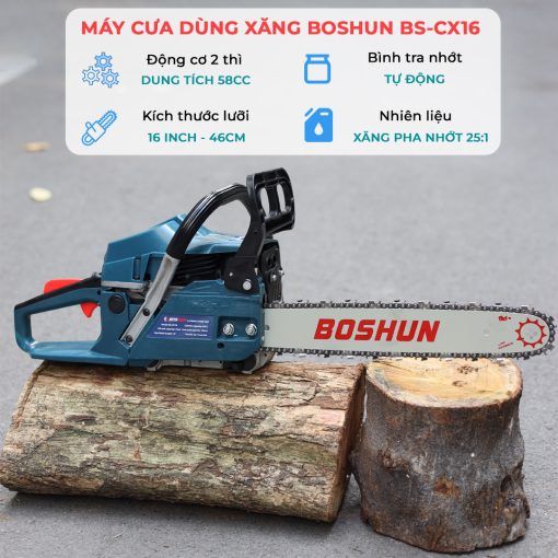 Máy cưa xích chạy xăng 58CC BOSHUN BS-CX16, Lam xích dài 16INCH, Bơm nhớt tự động – Động cơ xăng 2 thì. - Hình ảnh 6