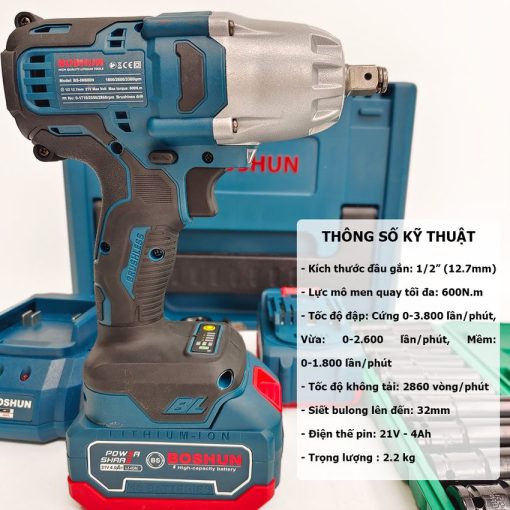 Máy Siết Bulong BOSHUN BS-IW600N – Lực Búa Siết 600N – Mở Ốc Ôto Tải Dễ Dàng – Bảo Hành Chính Hãng Boshun 12T - Hình ảnh 2