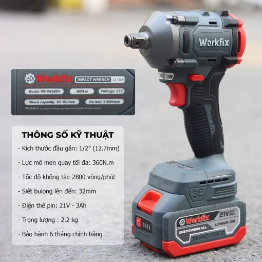 Máy Siết bulong PIN 360Nm WORKFIX WF-IW360N chính hãng, đầu 2 trong 1, 100% lõi đồng - Hình ảnh 2