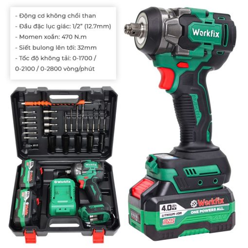 Máy Siết bulong PIN 470Nm WORKFIX WF-IW470N chính hãng, Đầu 2 trong 1, 100% lõi đồng - Hình ảnh 2