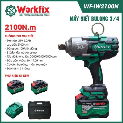 Máy Bắn, Siết Bulong PIN 2100Nm WORFIX WF-IW2100N chính hãng, AutoStop, Không Chổi Than, 100% lõi đồng - Hình ảnh 2