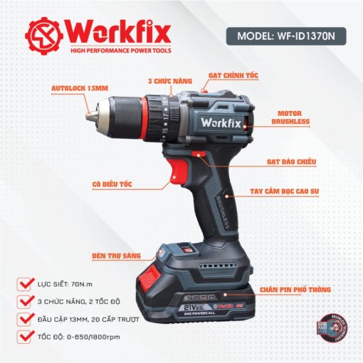 Máy khoan pin 13mm Workfix WF-ID1370N Lực siết 70N.m - Hình ảnh 6