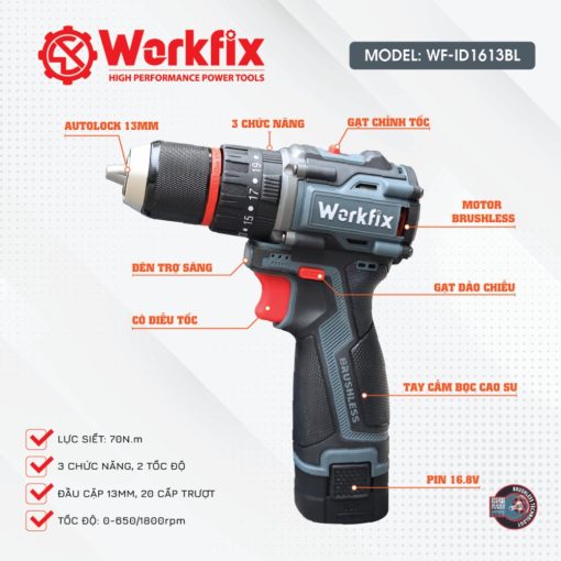 Máy Khoan Pin cầm Tay Bắn Vít 13mm, 70Nm Workfix WF-ID1613BL - Hình ảnh 4