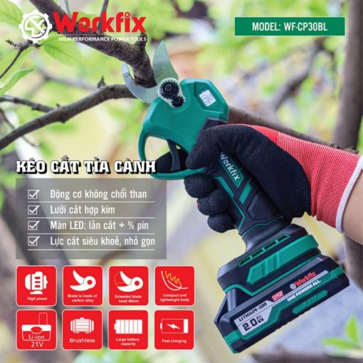Kéo cắt cành dùng PIN WORKFIX WF-CP30BL, siêu khỏe, hàng chính hãng, Không chổi than, Lõi Đồng 100% - Hình ảnh 2