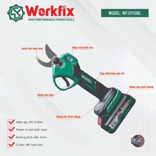 Kéo cắt cành dùng PIN WORKFIX WF-CP30BL, siêu khỏe, hàng chính hãng, Không chổi than, Lõi Đồng 100% - Hình ảnh 4