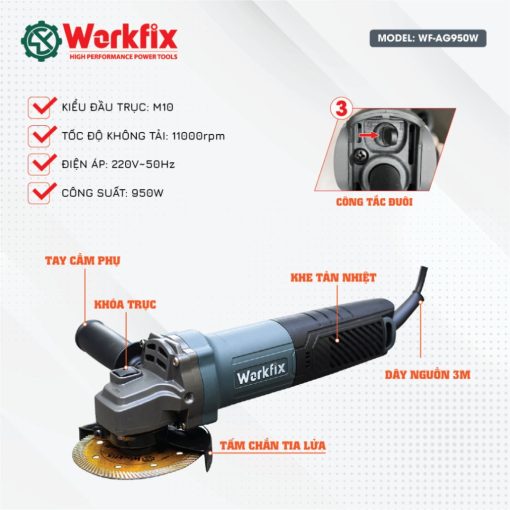 Máy Cắt Mài cầm tay WORKFIX WF-AG950W chính hãng, 950W, Công tắc đuôi. - Hình ảnh 4