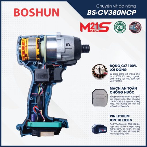 Máy chuyên vít, bắn vít Boshun BS-CV380NCP – Lực siết 380Nm – Động cơ không chổi than, ruột đồng 100% – Đầu 2 trong 1 - Hình ảnh 5