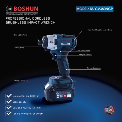 Máy chuyên vít, bắn vít Boshun BS-CV380NCP – Lực siết 380Nm – Động cơ không chổi than, ruột đồng 100% – Đầu 2 trong 1 - Hình ảnh 2