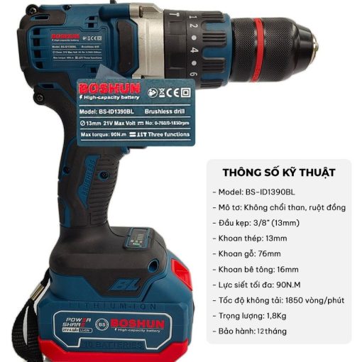 Máy Khoan Pin cầm tay BOSHUN BS-ID1390BL 13mm, 90Nm - Hình ảnh 2