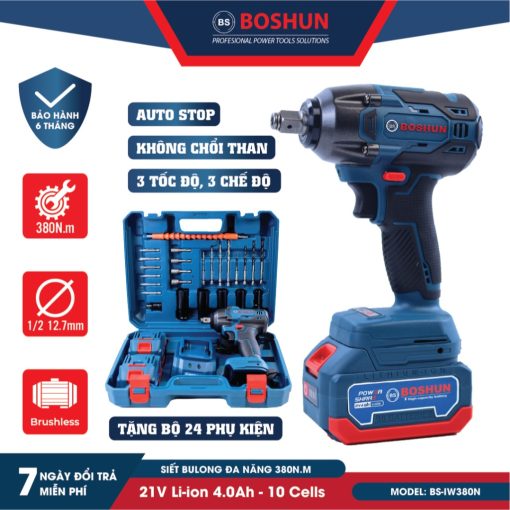 Máy siết bulong BOSHUN BS-IW380N Đầu 2 trong 1 – Lực siết 380NM – Tặng kèm bộ phụ kiện 24 chi tiết