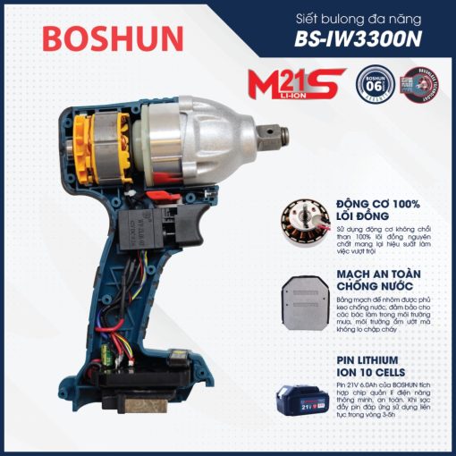 Máy siết bulong Boshun BS-IW330N đầu 2 trong 1 Lực siết 330Nm – Không chổi than – Bảo hành chính hãng 12 tháng - Hình ảnh 4