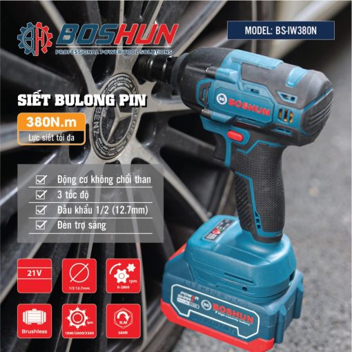 Máy siết bulong BOSHUN BS-IW380N Đầu 2 trong 1 – Lực siết 380NM – Tặng kèm bộ phụ kiện 24 chi tiết - Hình ảnh 2