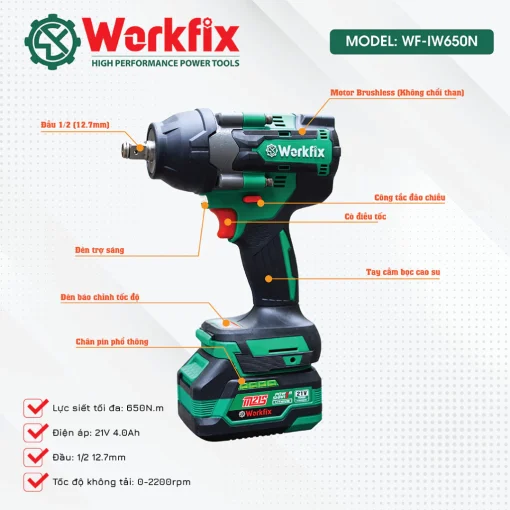 Máy Bắn, siết Bulong PIN 650Nm WORKFIX WF-IW650N chính hãng, Siêu Khỏe, 100% Lõi Đồng, không chổi than - Hình ảnh 4