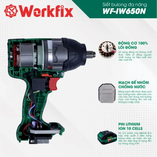 Máy Bắn, siết Bulong PIN 650Nm WORKFIX WF-IW650N chính hãng, Siêu Khỏe, 100% Lõi Đồng, không chổi than - Hình ảnh 5