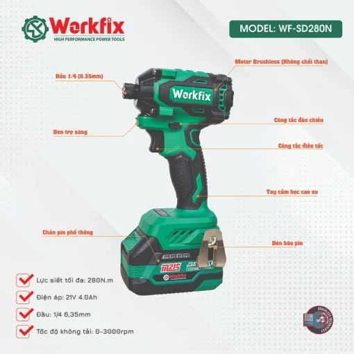Máy Chuyên Bắn Vít PIN, Workfix WF-SD280N (hàng chính hãng), 4 cấp, Auto stop, không chổi than, lõi đồng - Hình ảnh 3