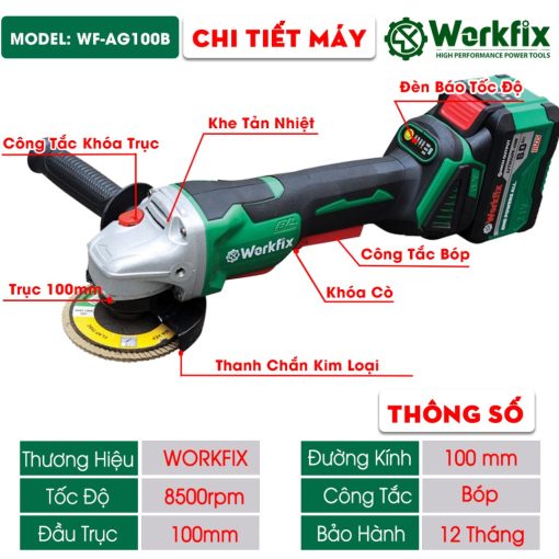 Máy Cắt Mài PIN cầm tay Workfix WF-AG100B chính hãng, Không Chổi Than, 100% Lõi Đồng, 2 PIN - Hình ảnh 2