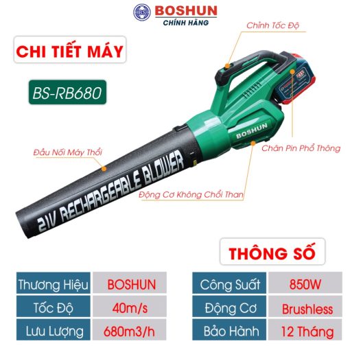 Máy Thổi Bụi / Thổi Lá cầm tay dùng Pin 850w Boshun BS-RB680 – 2 Tốc Độ – Tặng 2 PIN - Hình ảnh 6