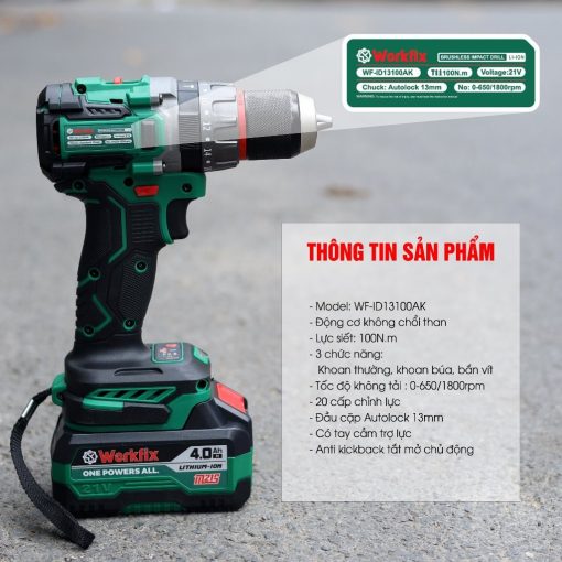 Máy Khoan Pin cầm tay, 13mm, 100Nm WORKFIX WF-ID13100AK - Hình ảnh 3