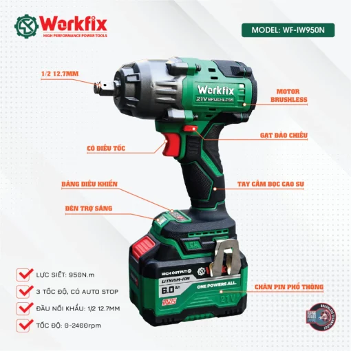 Máy Siết bulong PIN 950Nm Workfix WF-IW950N chính hãng, Không Chổi Than, 100% lõi đồng - Hình ảnh 2