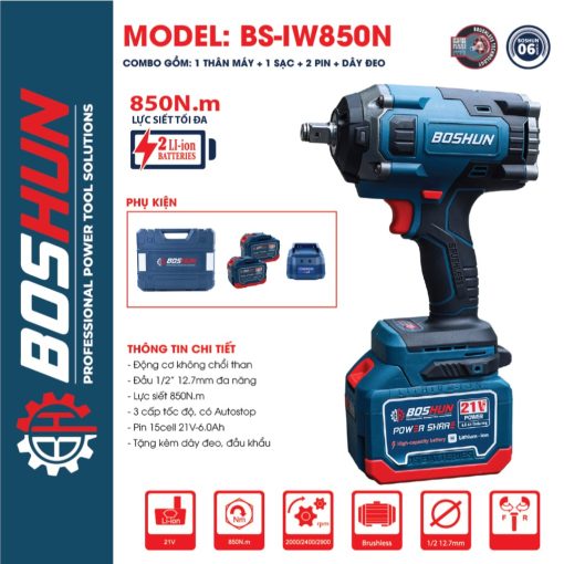 Máy Siết Bulong BOSHUN BS-IW850N Lực siết 850N.m – Mở Ốc Ô Tô Tải Dễ Dàng – Bảo Hành Chính Hãng 12 Tháng - Hình ảnh 2