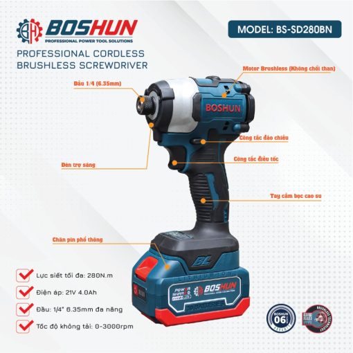 Máy Chuyên Vít PIN 280Nm BOSHUN BS-SD280BN, hàng chính hãng, 100% lõi đồng, không chổi than - Hình ảnh 5