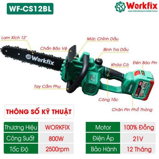 Máy cưa xích mini cầm tay chạy PIN điện 800w WORKFIX WF-CS12BL, hàng chính hãng, Không Chổi Than - Hình ảnh 2